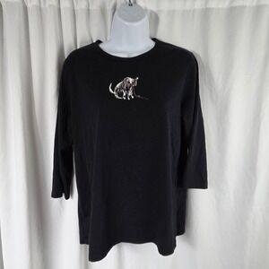 June & Daisy Dog Yarn Shirt Womens Large Black 3/4 Sleeve Embroidered Knit Top